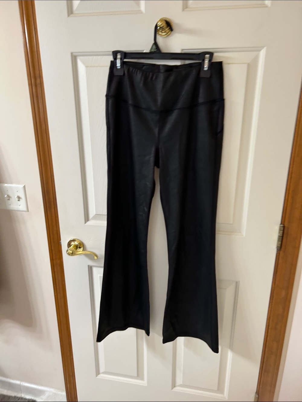 Black Faux-Leather Flare Pants with High Waist and Pocket Detail